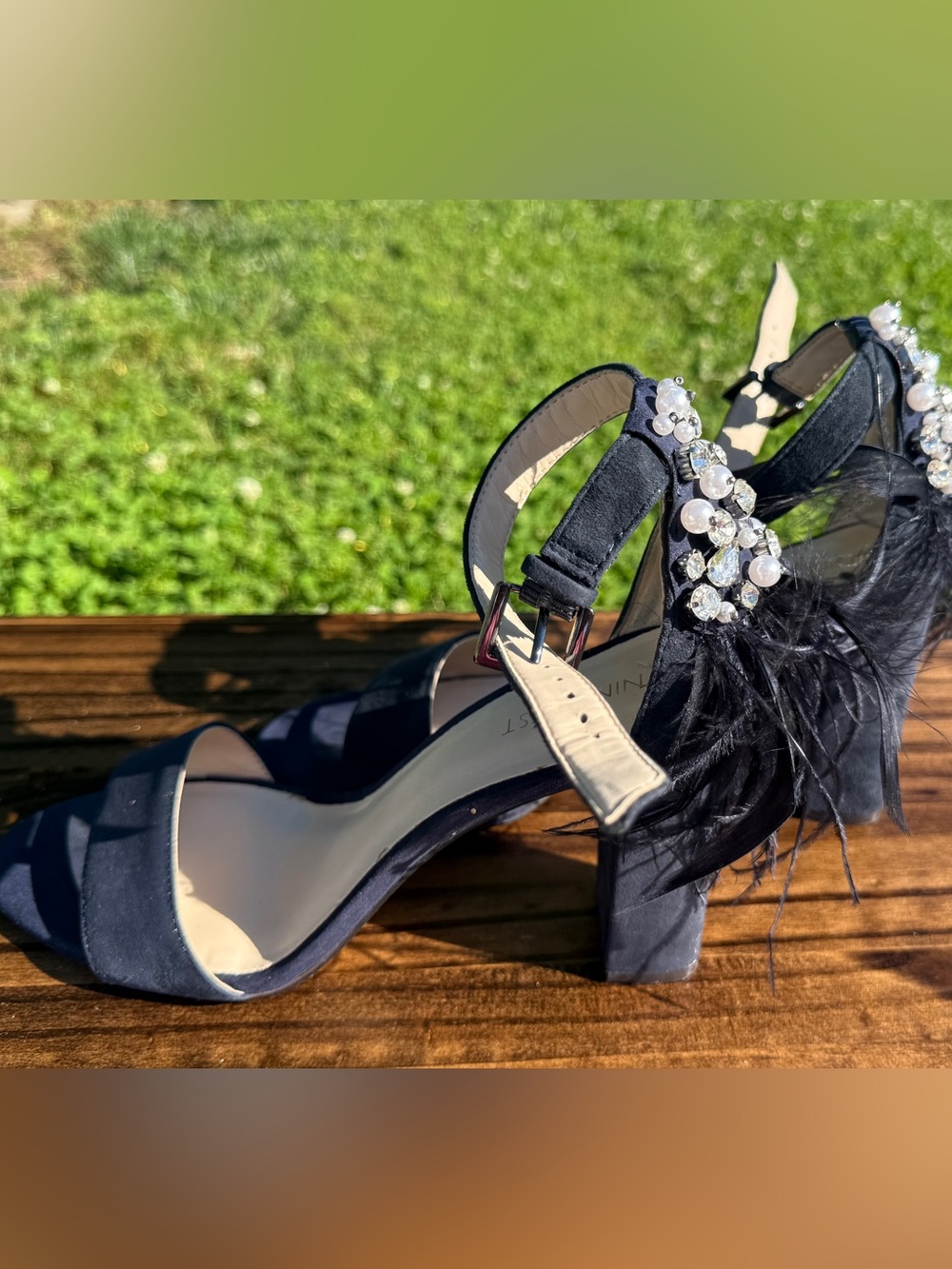Nine West Black Jeweled Feather Block Heel Sandals